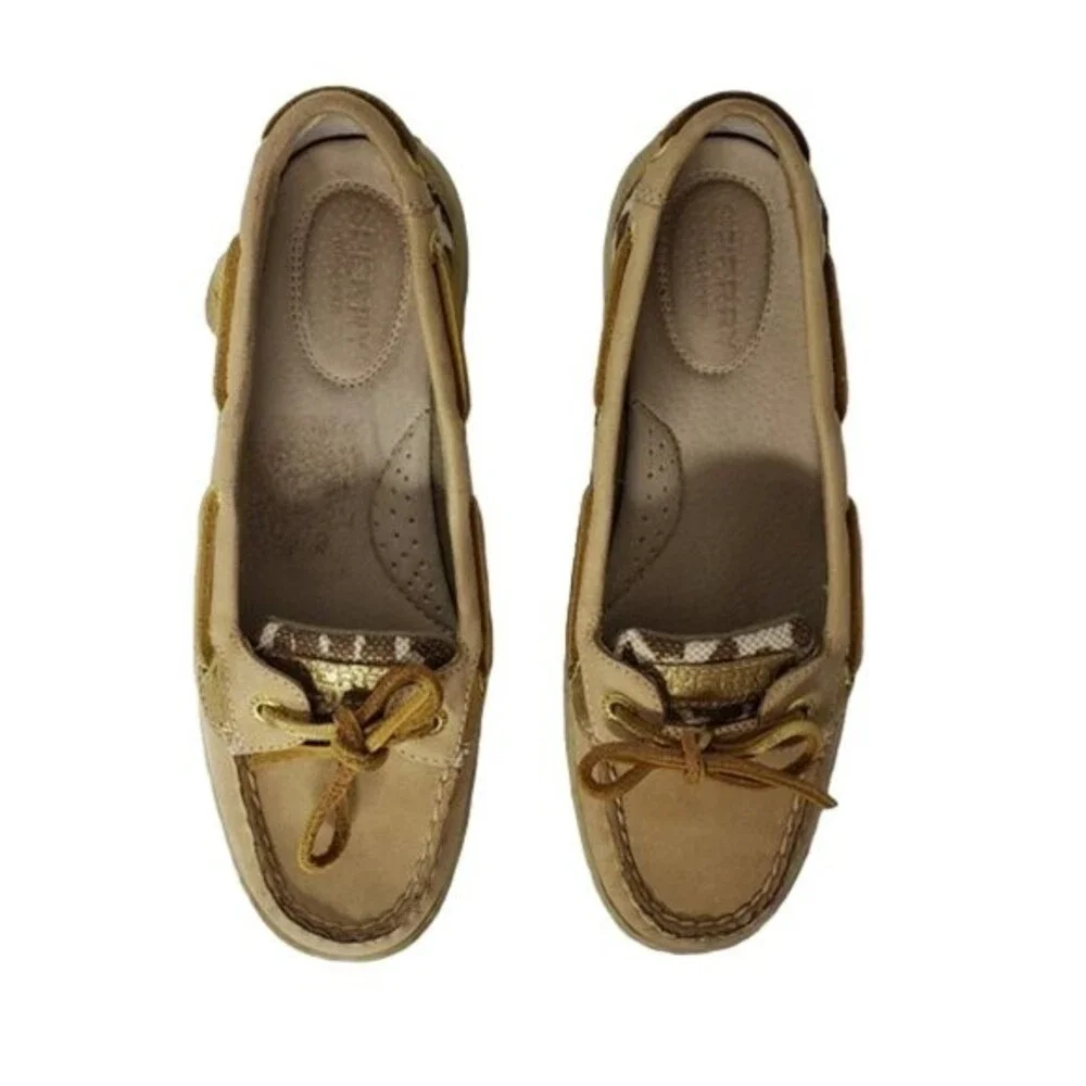SPERRY ANGELFISH LEOPARD JACQUARD SLIP-ON BOAT SHOES TOPSIDER TAN/GOLD SIZE 6.5